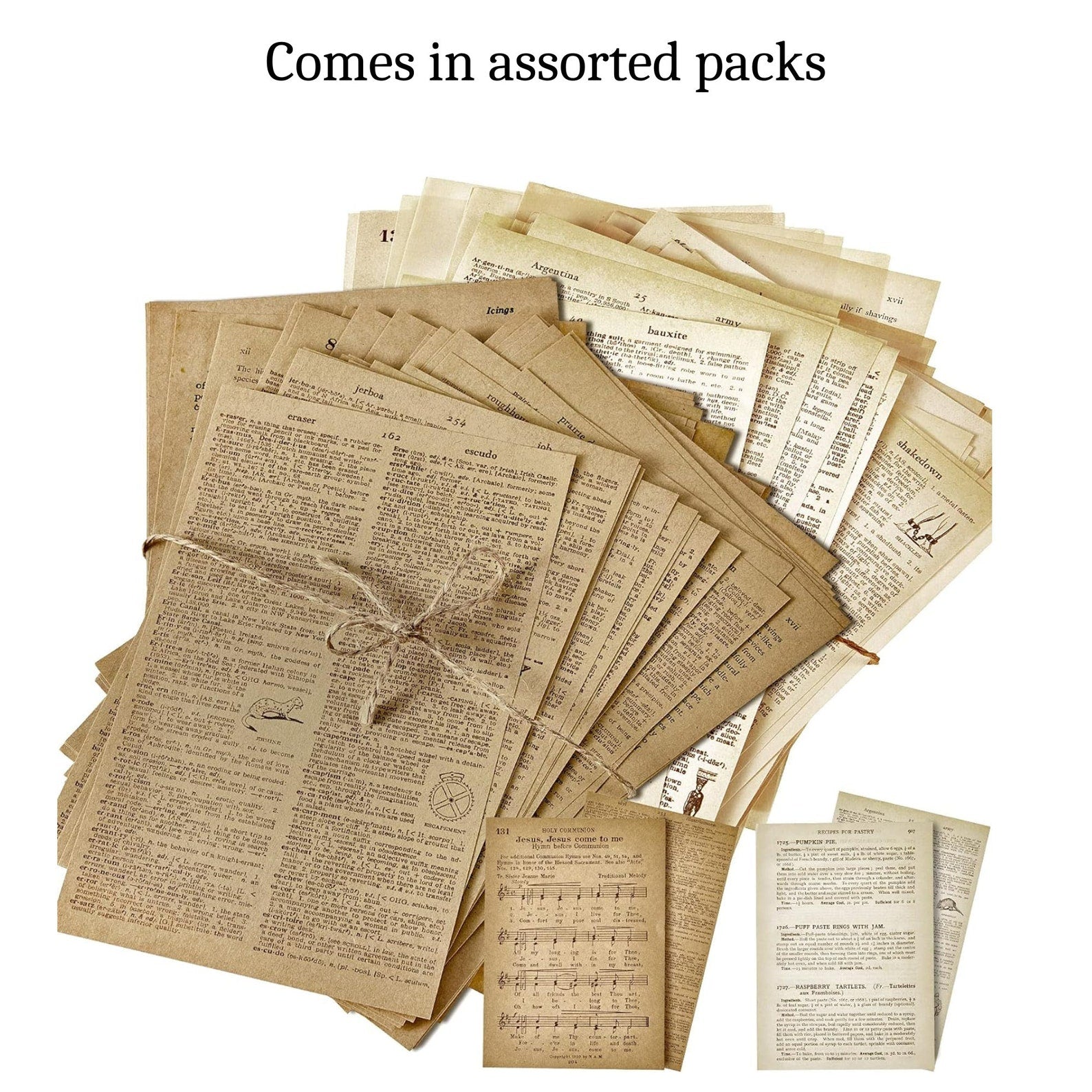 Assorted vintage book pages spread out, showcasing natural distress.