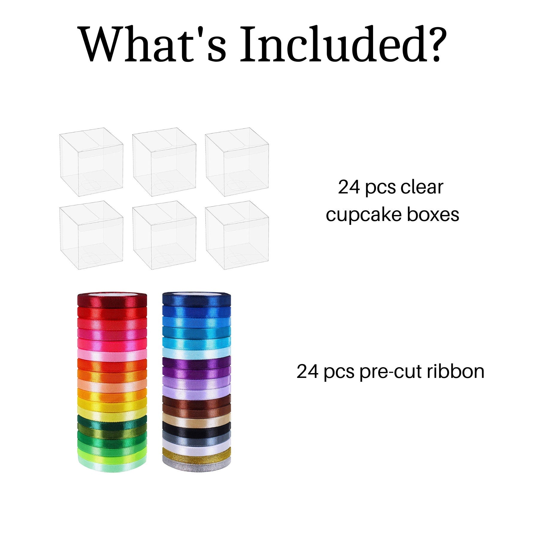 Colorful ribbon selection displaying various satin ribbon options for clear cupcake boxes. Assorted ribbon colors complement macaron favor boxes for customized party presentations.