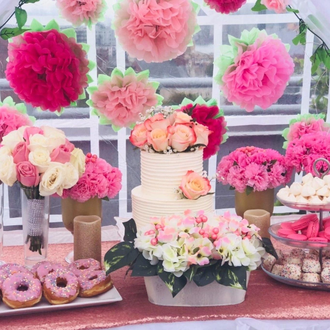 Paper flower wedding bouquet wall accent for baby shower dessert table