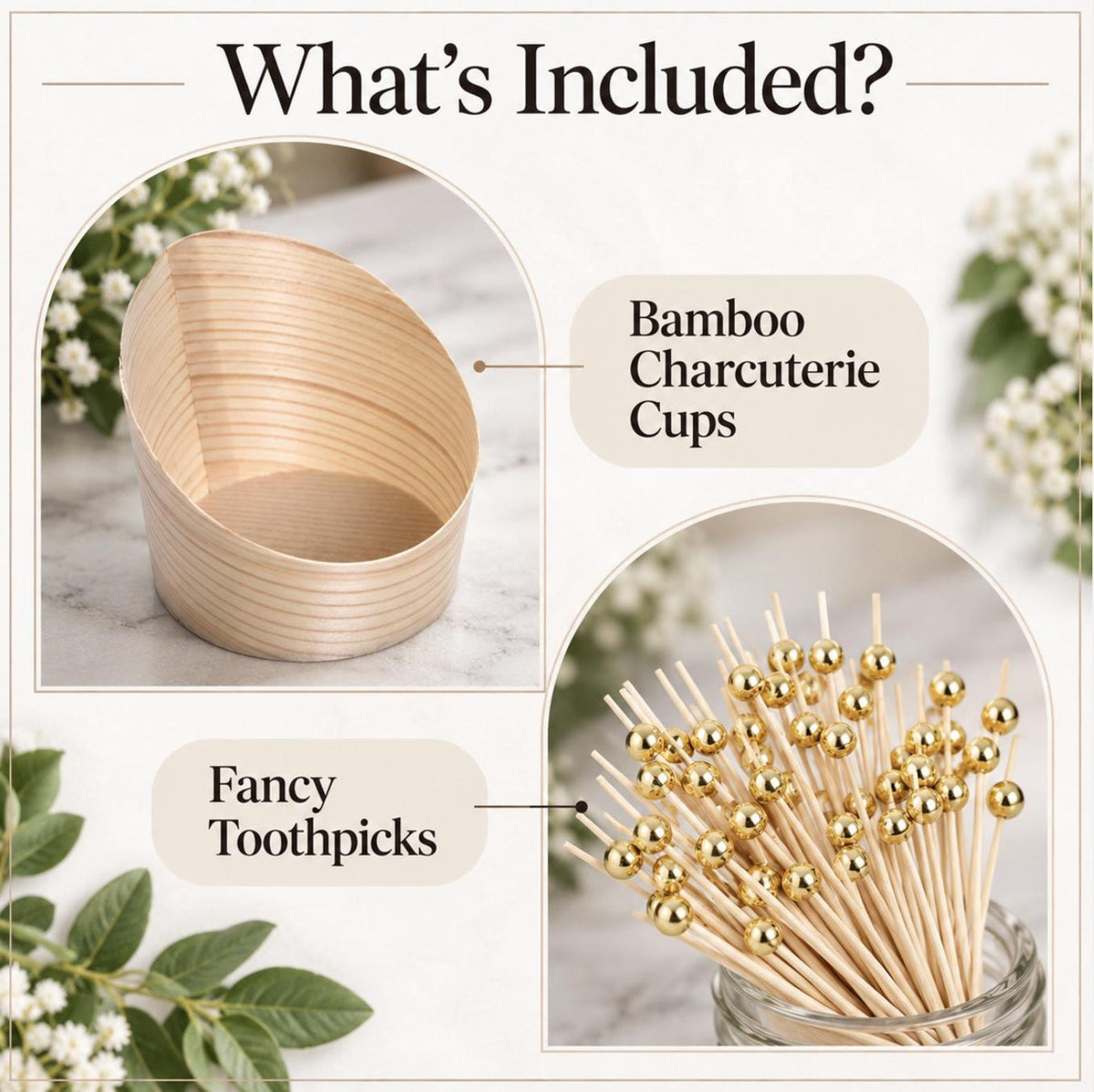 Rustic Bamboo Charcuterie Cups with Fancy Toothpicks Set - 20 Piece Eco - Friendly Appetizer Serving Kit - Pretty Party Boxx