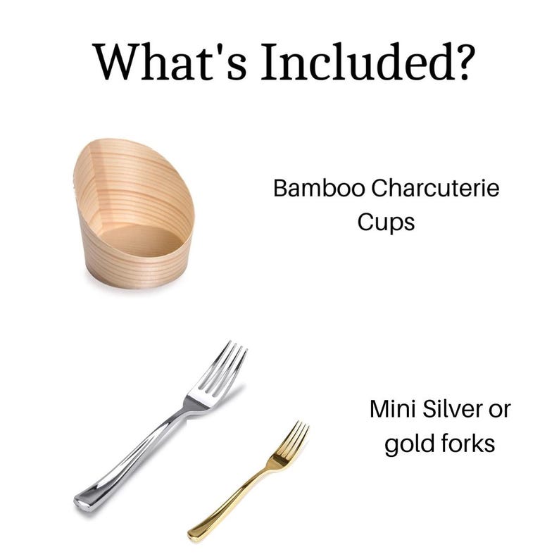 Set of bamboo charcuterie cups with silver or gold mini forks