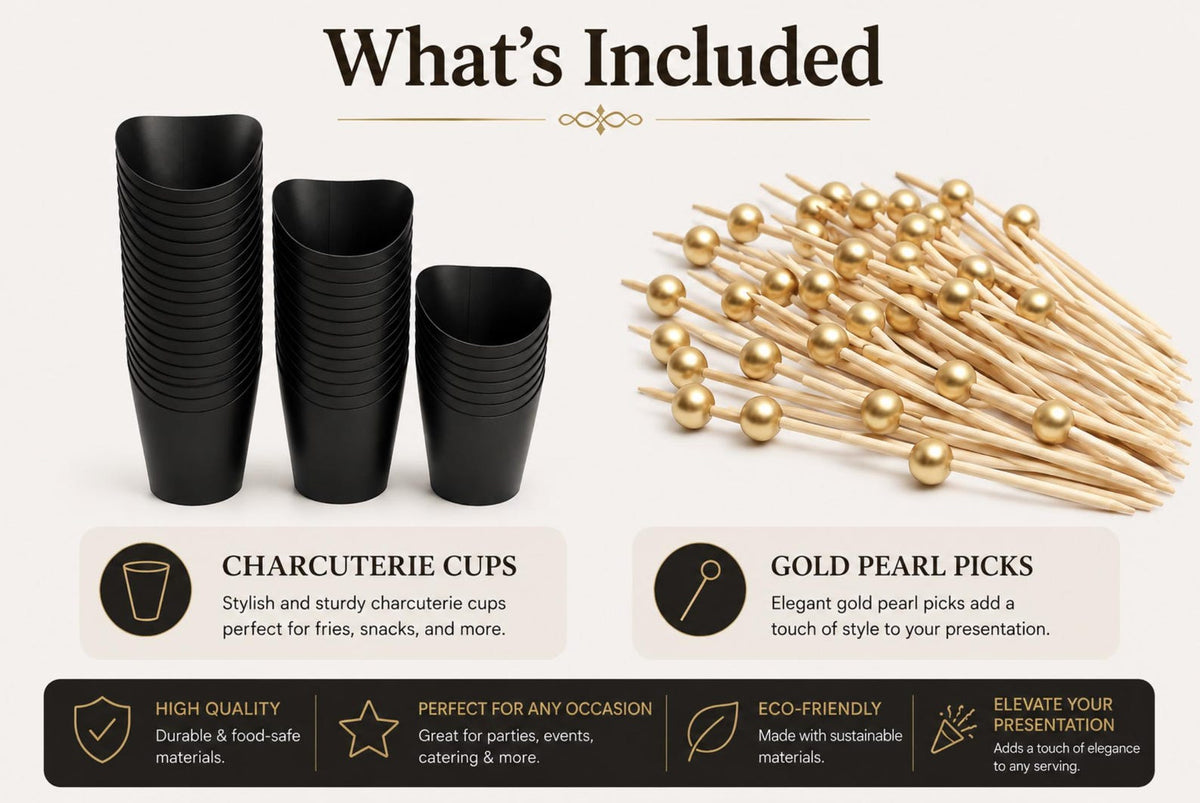 Black Charcuterie Cups with Gold Fancy Toothpicks – 20 - Piece Appetizer Serving Set for Weddings, Parties & Grazing Tables