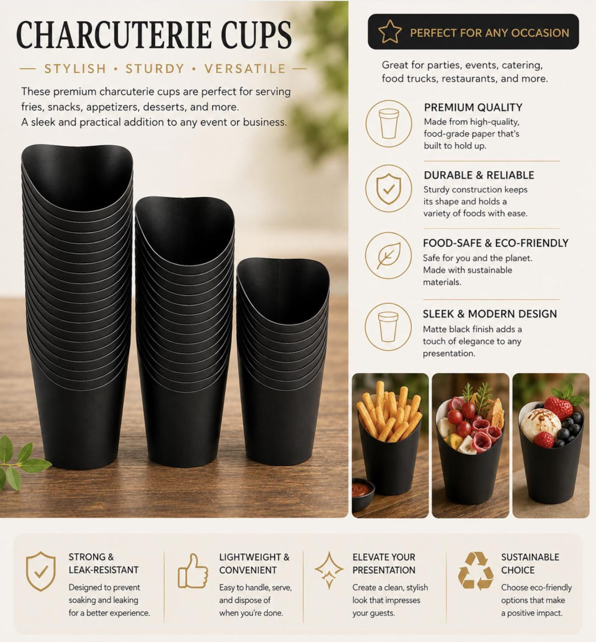 Black Charcuterie Cups with Gold Fancy Toothpicks – 20 - Piece Appetizer Serving Set for Weddings, Parties & Grazing Tables