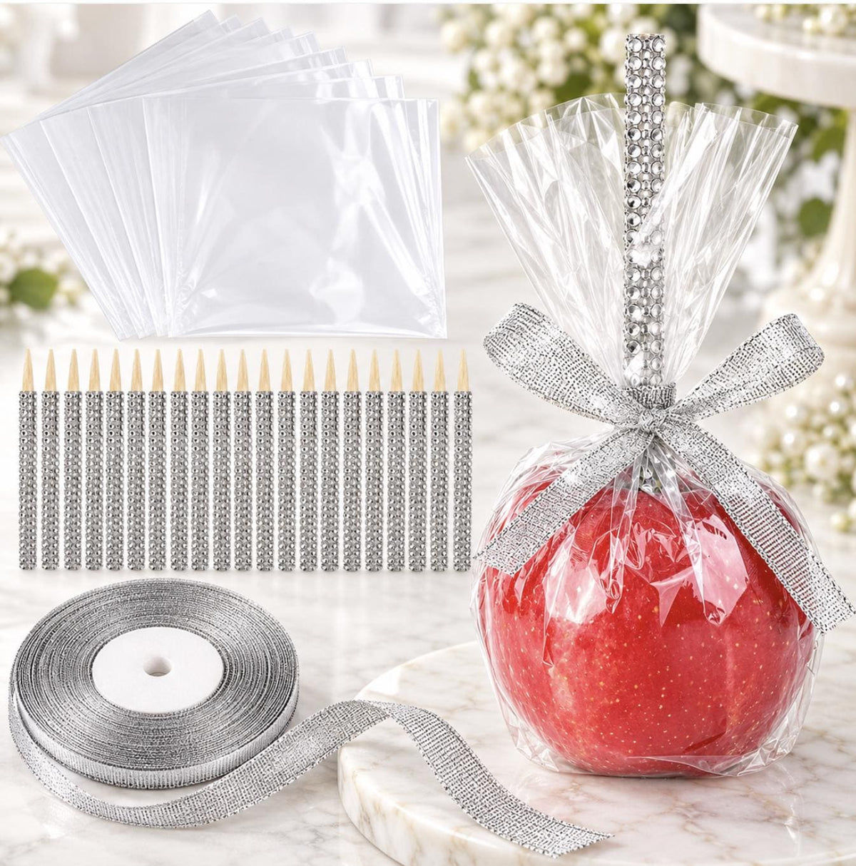 Bling candy apple sticks with silver ribbon and treat bags for party favors