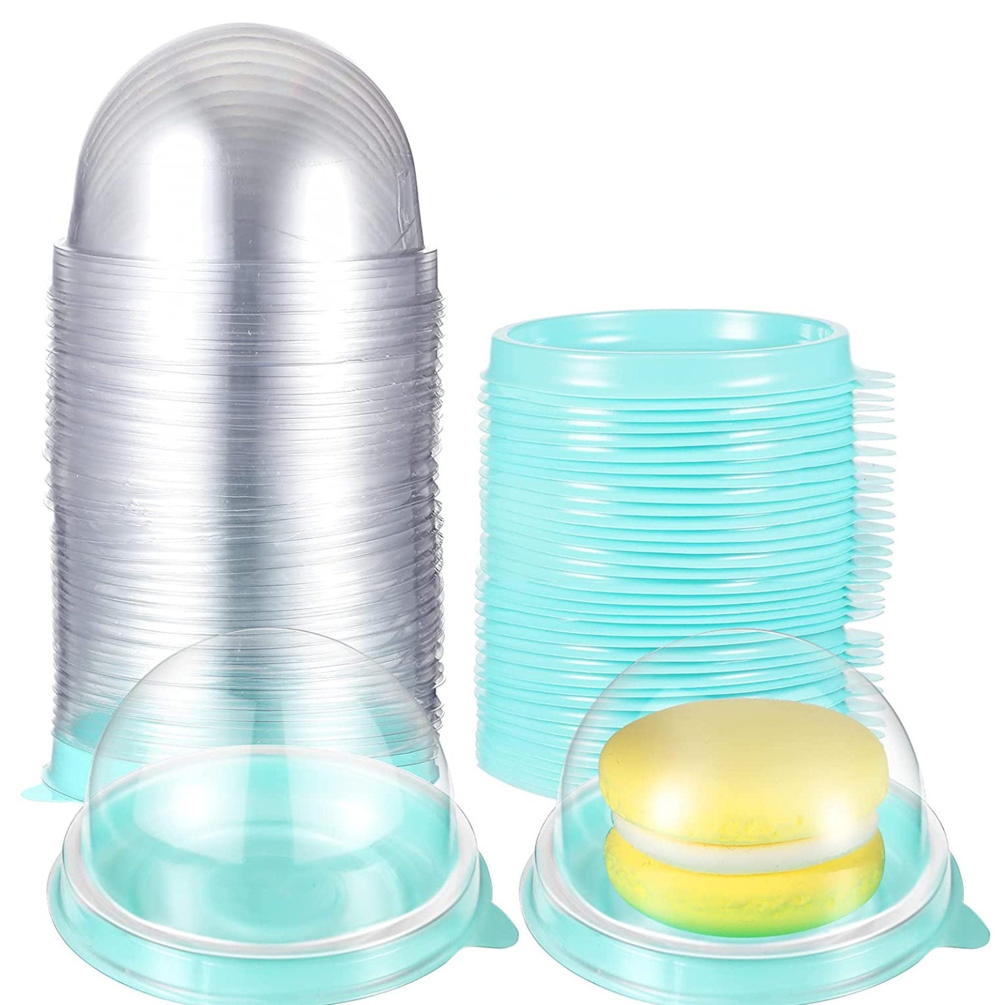 Blue dome favor box stack with macarons, perfect for baby showers and parties.
