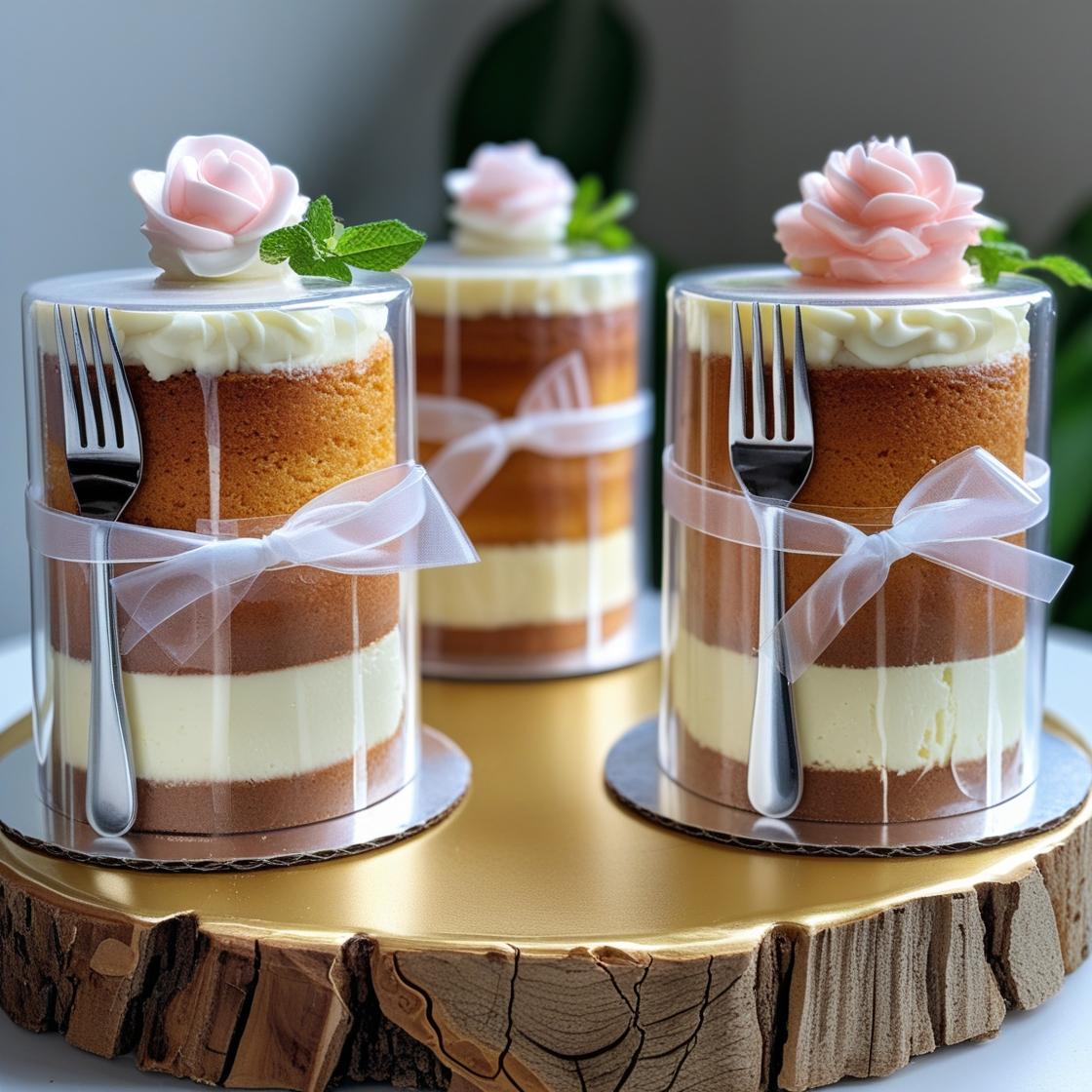 Wrapped cake displayed at a bridal shower dessert table, featuring a clear cake wrap on a gold board with a fork.