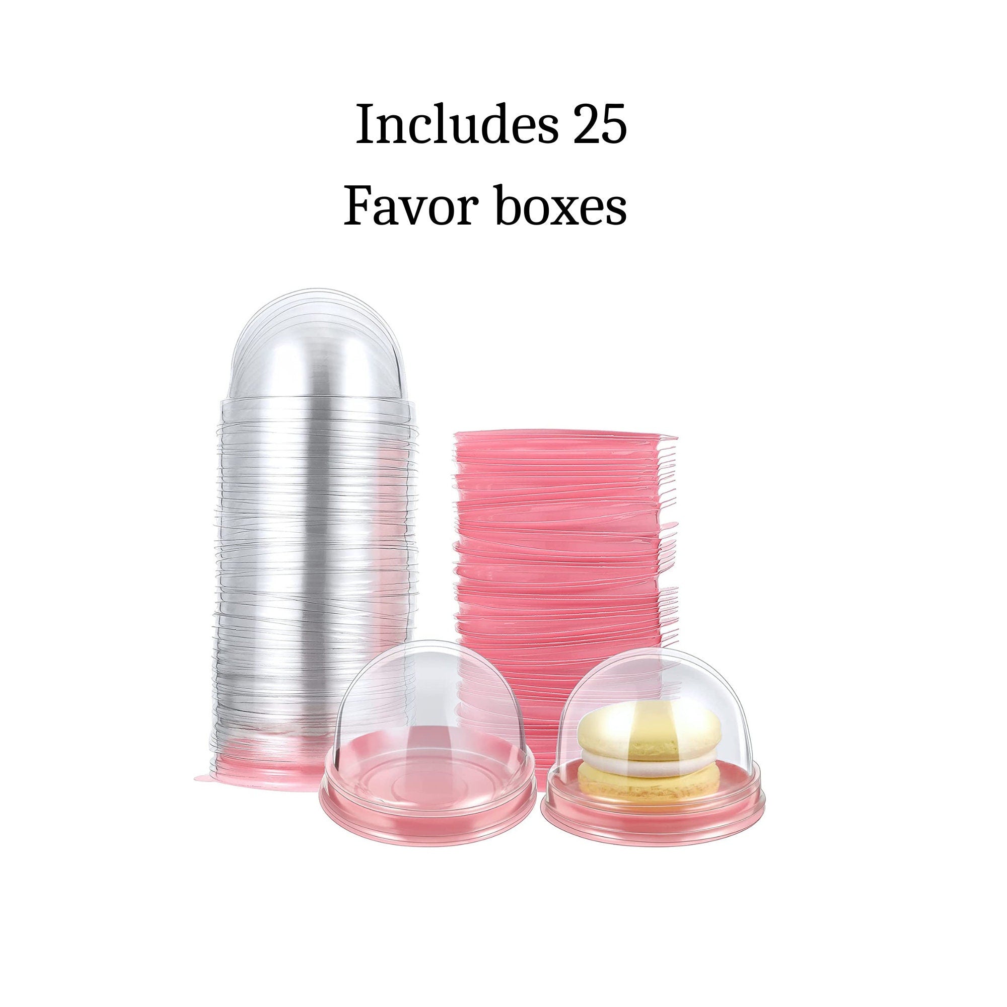 Bundle of 25 pink macaroon boxes with dome and square lids, perfect for events and parties.