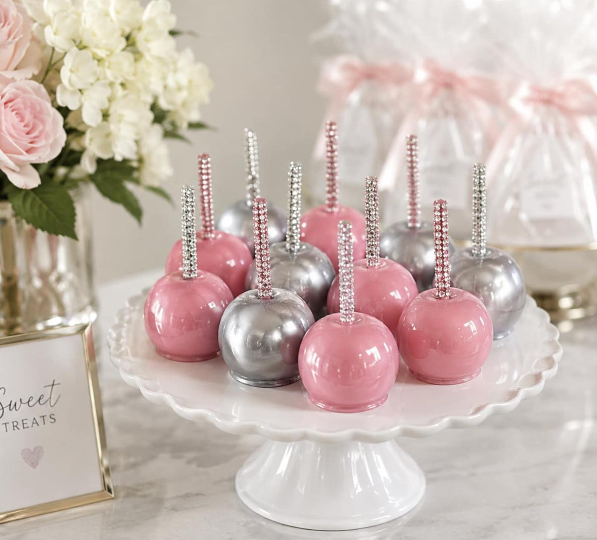 Candy apple favor kit with diamond mesh sticks, silver ribbons and clear bags