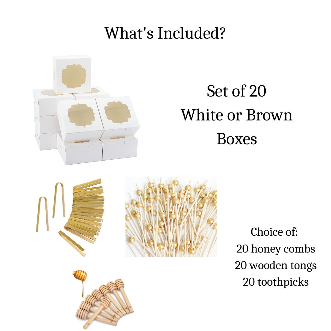 Set of 20 charcuterie favor boxes with clear lids and choice of utensils – mini forks, tongs, or honey dippers