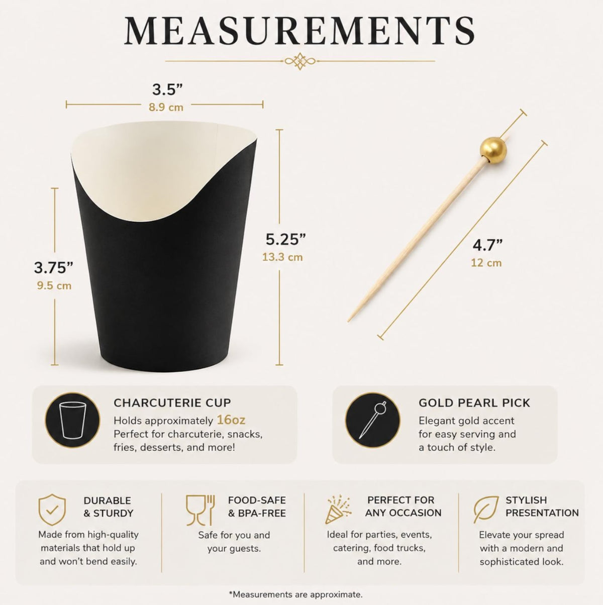 Black Charcuterie Cups with Gold Fancy Toothpicks – 20 - Piece Appetizer Serving Set for Weddings, Parties & Grazing Tables