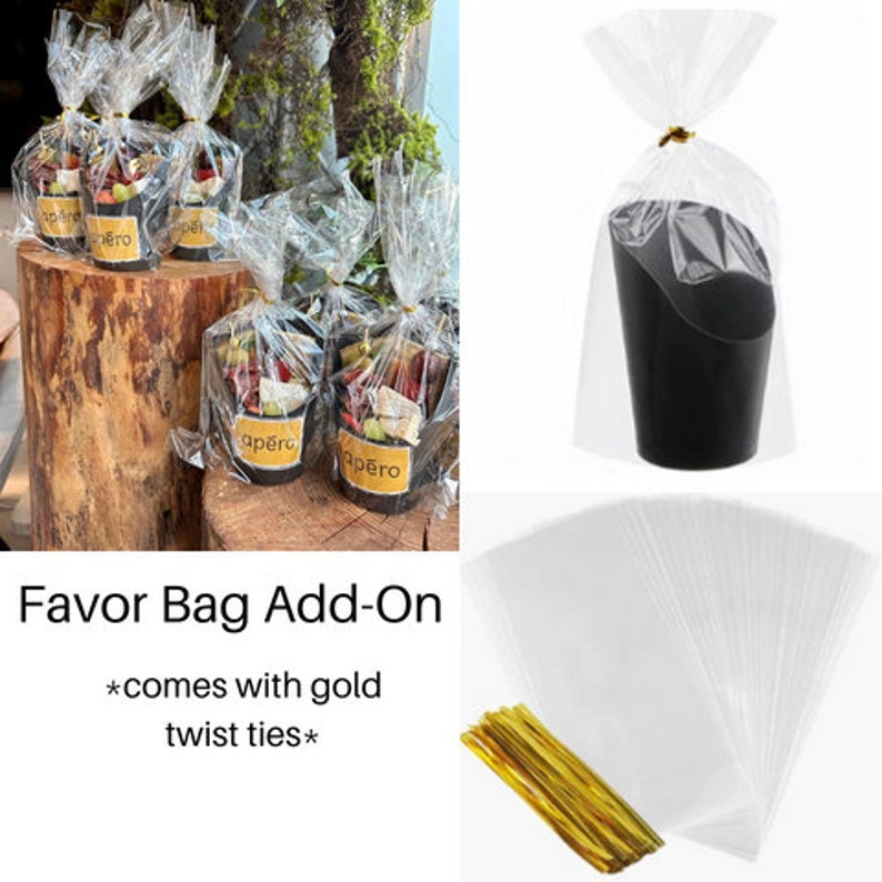 Favor bags with gold twist ties for charcuterie cups and take-home gifts.
