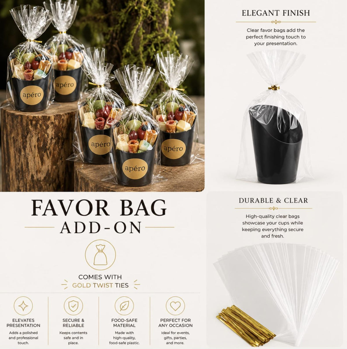 Black Charcuterie Cups with Gold Fancy Toothpicks – 20 - Piece Appetizer Serving Set for Weddings, Parties & Grazing Tables