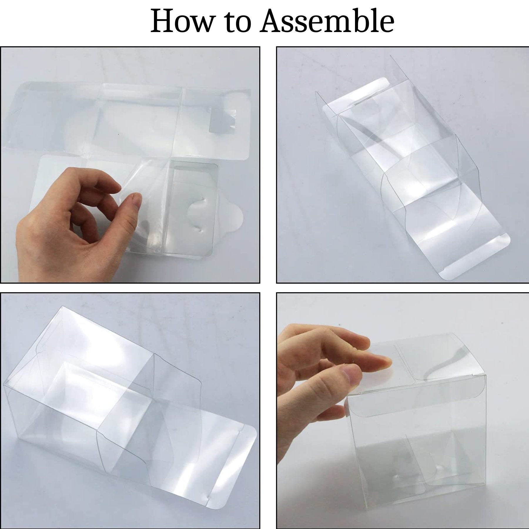 Step-by-step assembly instructions showing how to fold and construct clear cupcake boxes. Easy assembly process for transparent favor boxes requires no additional tools or adhesives.