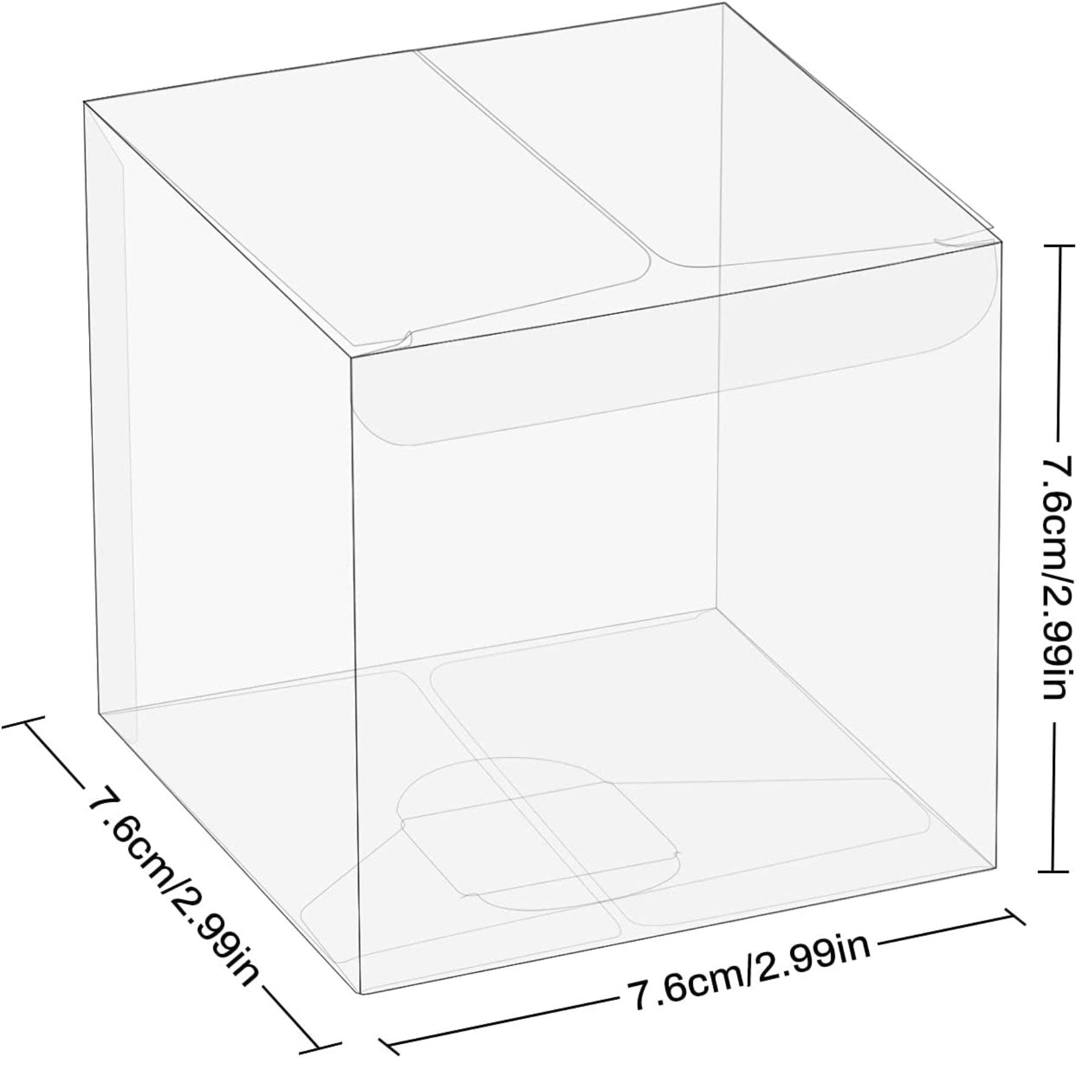 Dimensional diagram showing clear cupcake box measurements of 3x3x3 inches for standard cupcakes. Individual cupcake boxes feature transparent PET plastic construction ideal for bakery packaging.