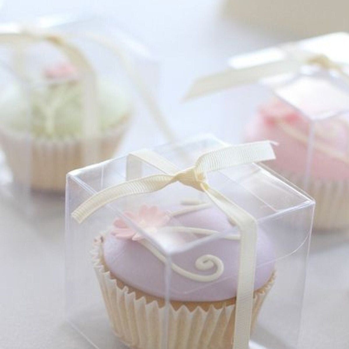 Clear cupcake boxes with colorful ribbons displaying decorated cupcakes for wedding favors and party gifts. Individual cupcake boxes showcase pastel-frosted treats tied with elegant satin ribbons.