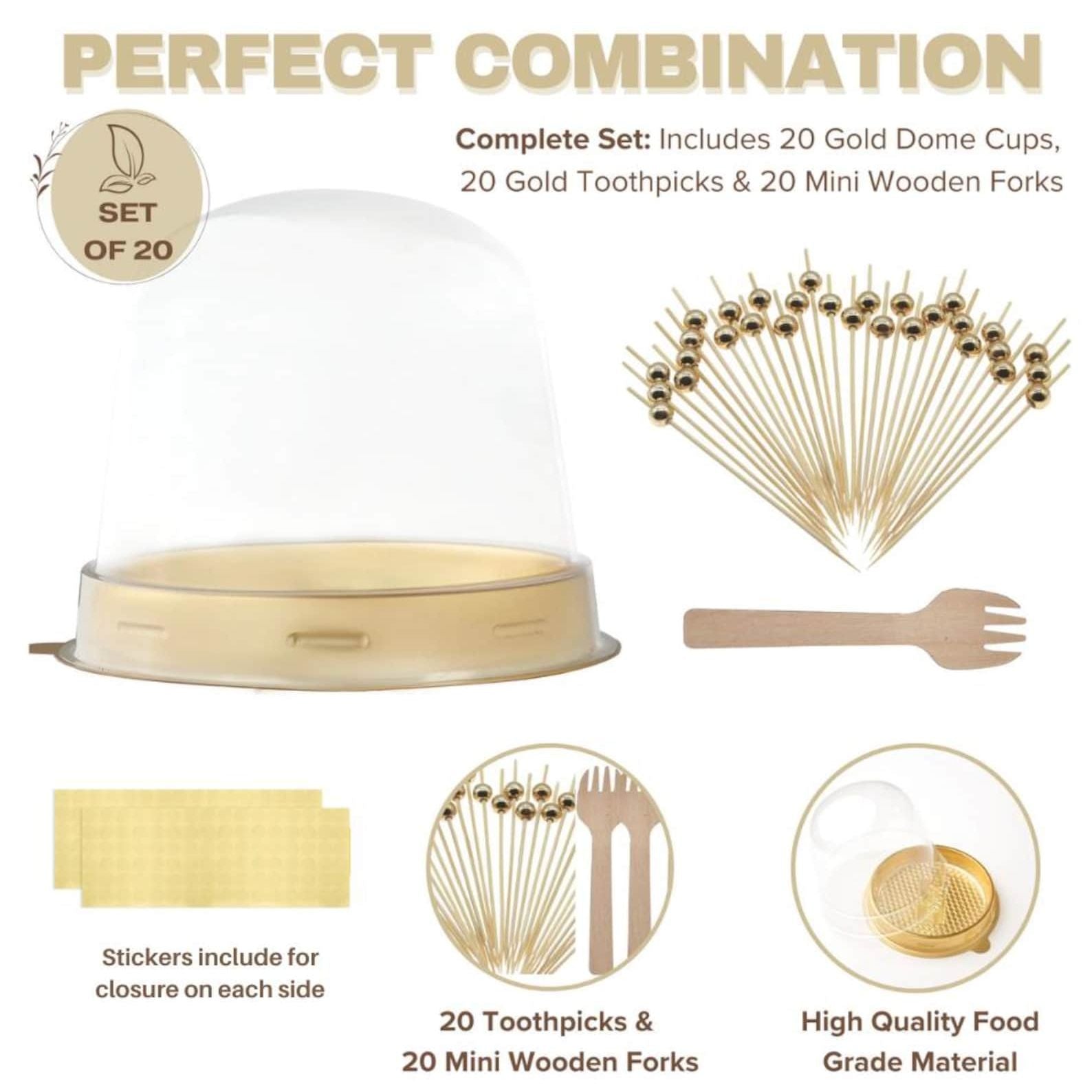 A close-up of charcuterie cups with lids, mini wooden forks, and gold fancy toothpicks.