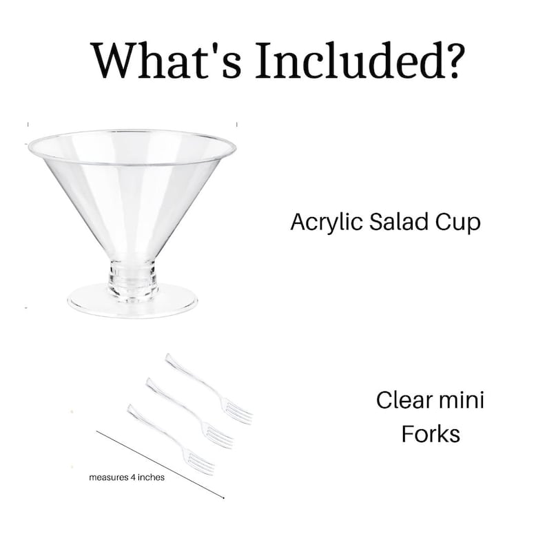 Close-up of a reusable 5oz clear acrylic salad cup with a mini fork, showcasing a colorful appetizer for party events.