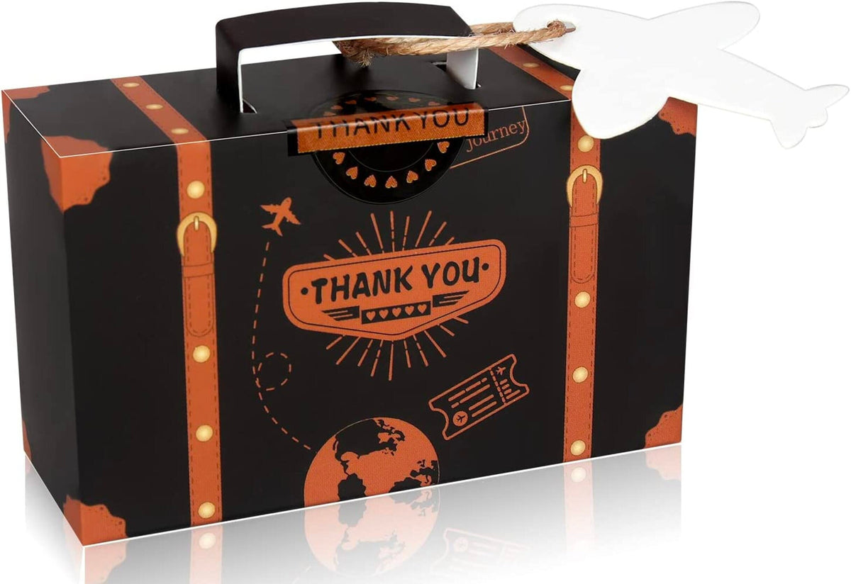 Mini Travel Suitcase Favor Boxes with Compass Charm & Twine – Vintage Party Favor Boxes for Travel Themed Events