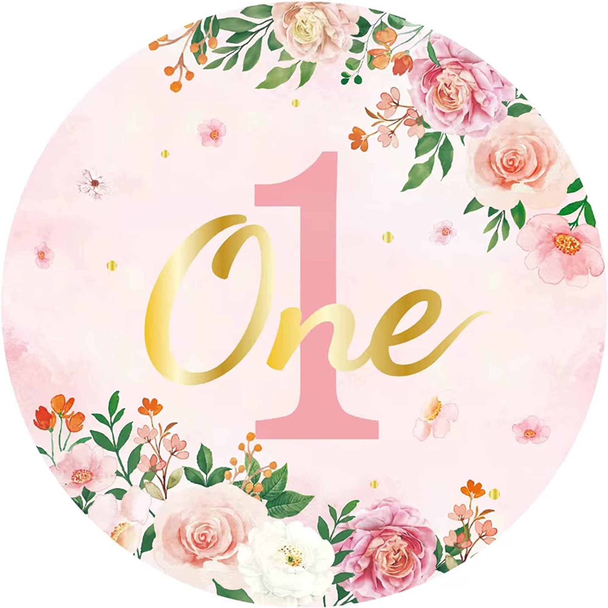Complete first birthday party set with pink and gold birthday plates and decorative elements