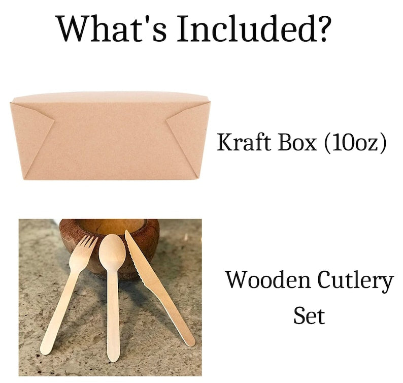 Product bundle showing kraft paper boxes and wooden cutlery set included in catering package for events.