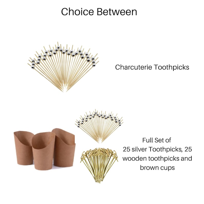 Complete charcuterie cup set showing silver picks wooden picks and disposable cups