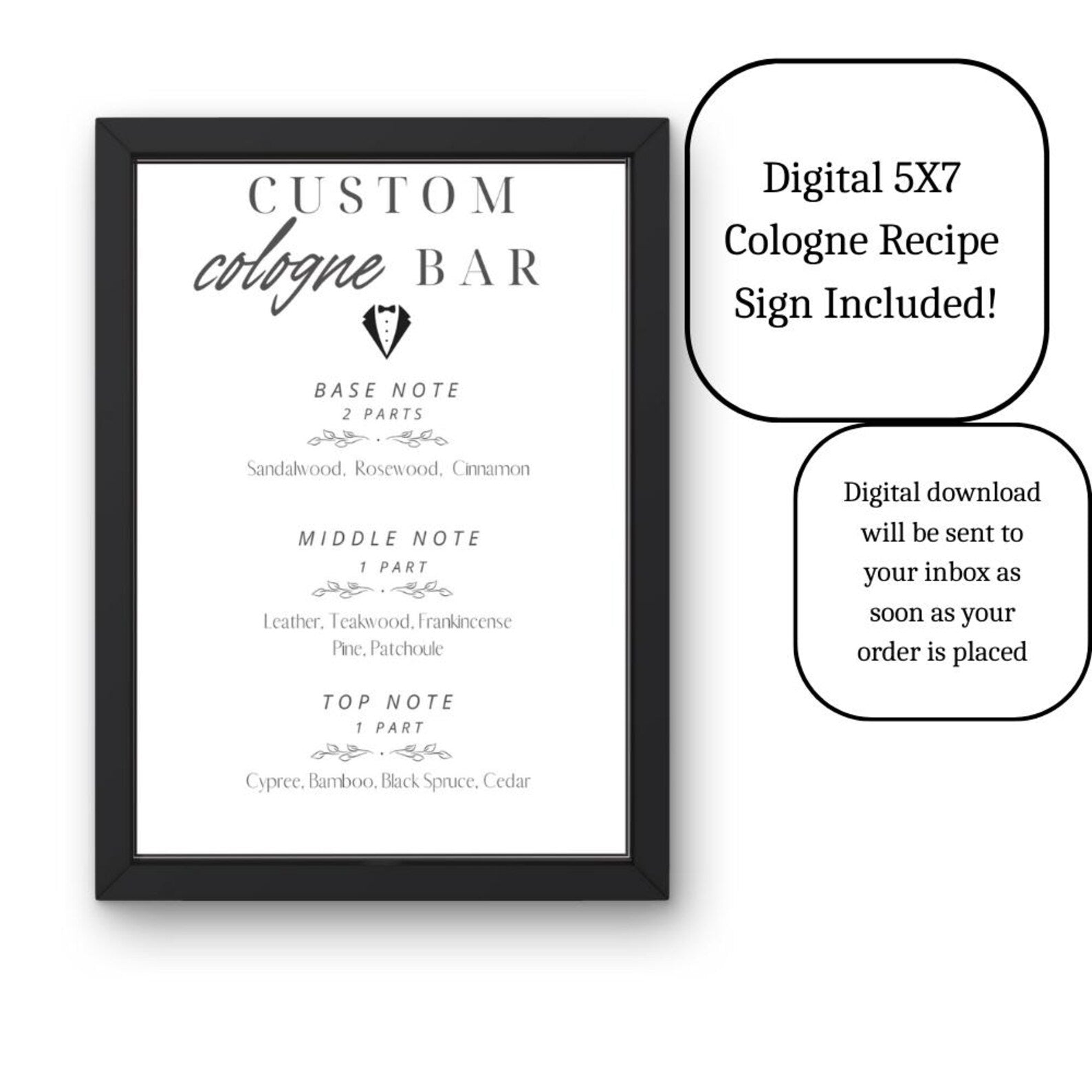 Printable custom cologne bar sign included with the men’s cologne making kit, explaining fragrance notes and guiding guests through creating their own custom men’s cologne.
