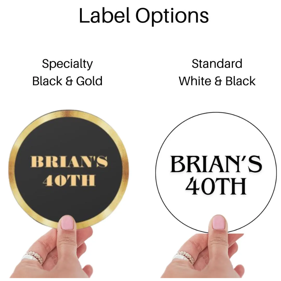 Personalized label options showcased in black and white styles.