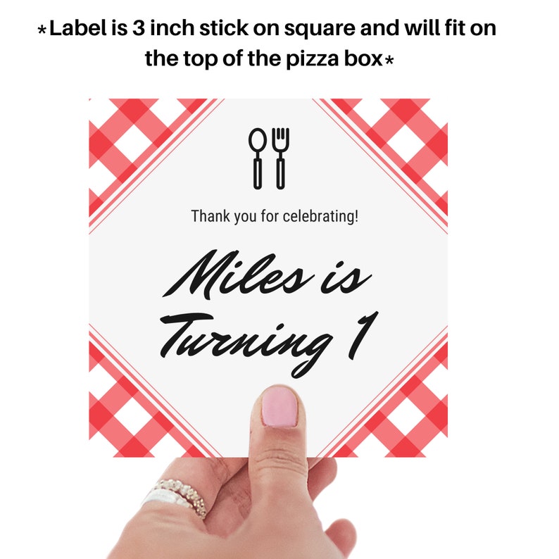 Customizable party favor label for pink mini pizza box, perfect for personalized pizza themed party favors and events.
