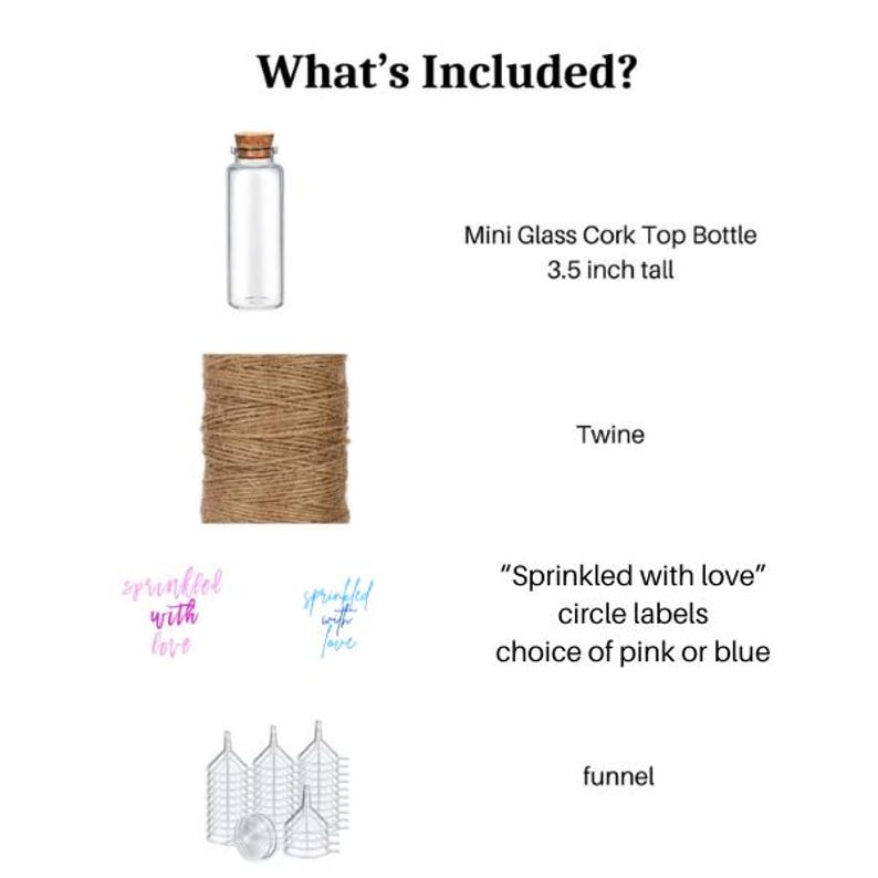 DIY sprinkle bottle favor kit packaging and components.