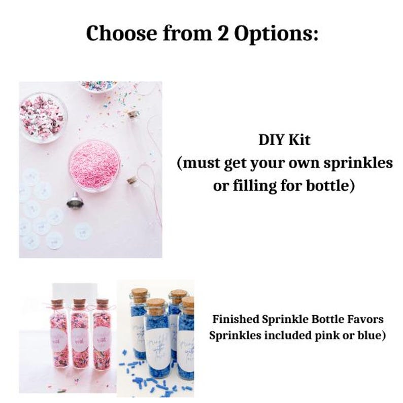 DIY Mini Sprinkle Bottle Favors Kit with glass bottles, twine, and labels.