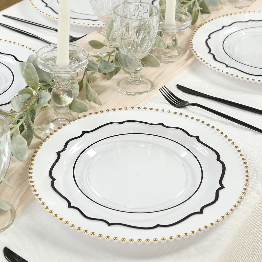 Black and gold rimmed plates – luxury disposable tableware for weddings and fine dining