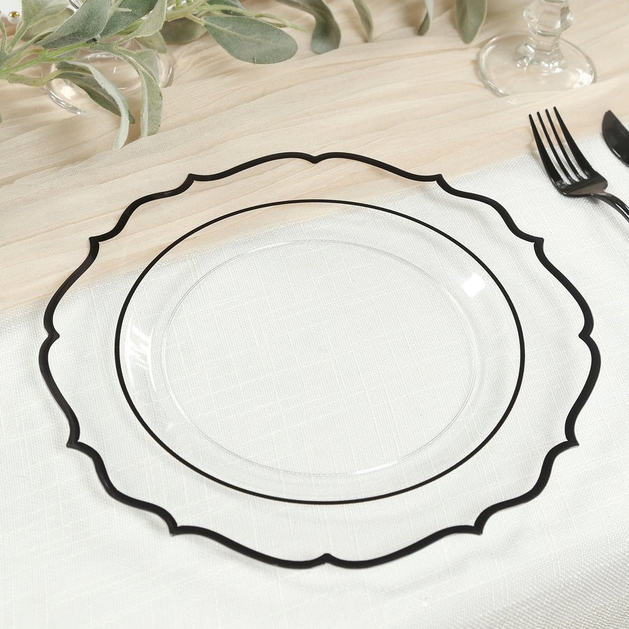 Clear plastic plate with black scalloped rim – stylish modern dinner plate for events