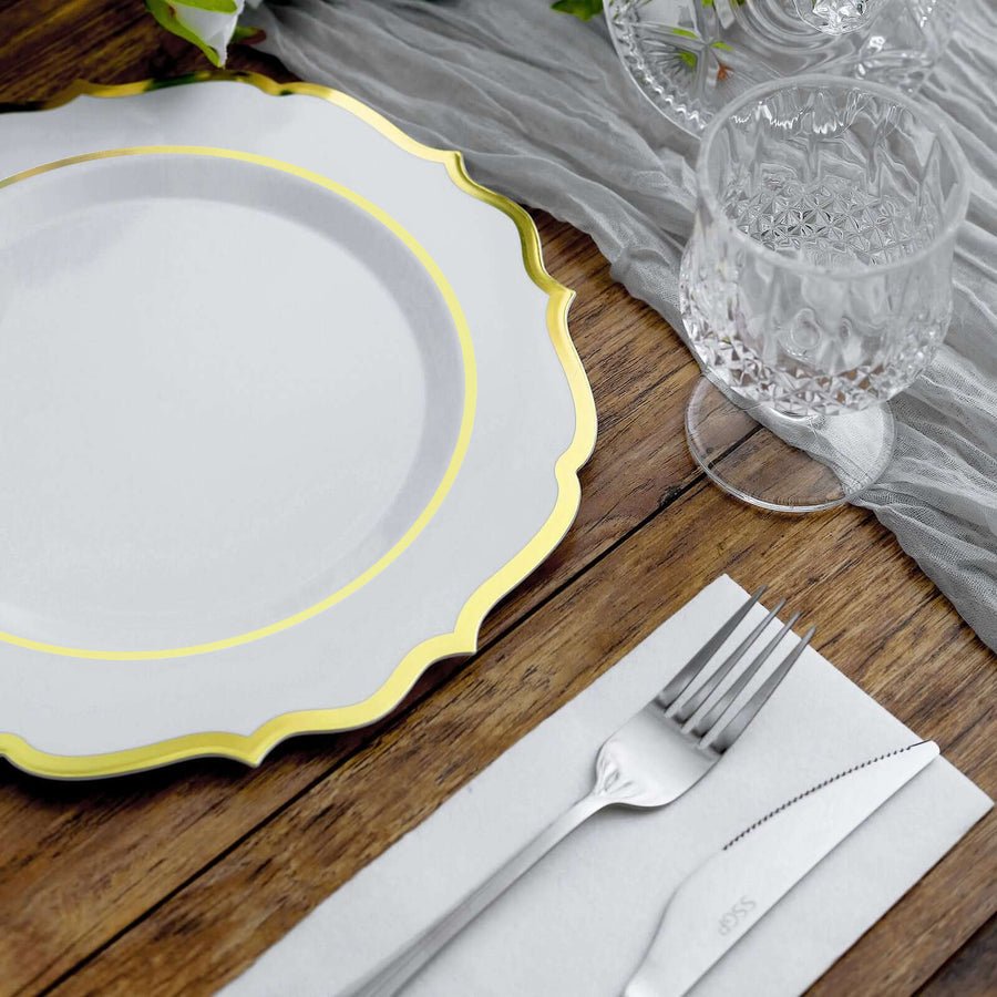 Gold-rimmed white dinner plate – elegant disposable tableware for weddings and receptions