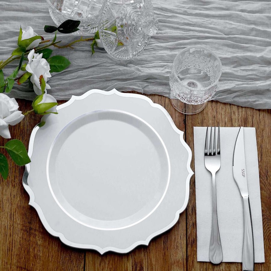 Silver-rimmed white dinner plate – elegant disposable plastic plate for events and banquets