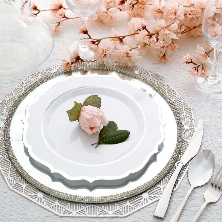 Layered silver charger and white plate – luxury disposable dinnerware for formal occasions