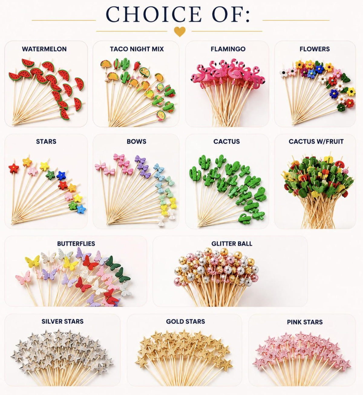 Decorative Themed Fancy Toothpicks - Fun Party Toothpicks for Cocktails & Appetizers - Pretty Party Boxx