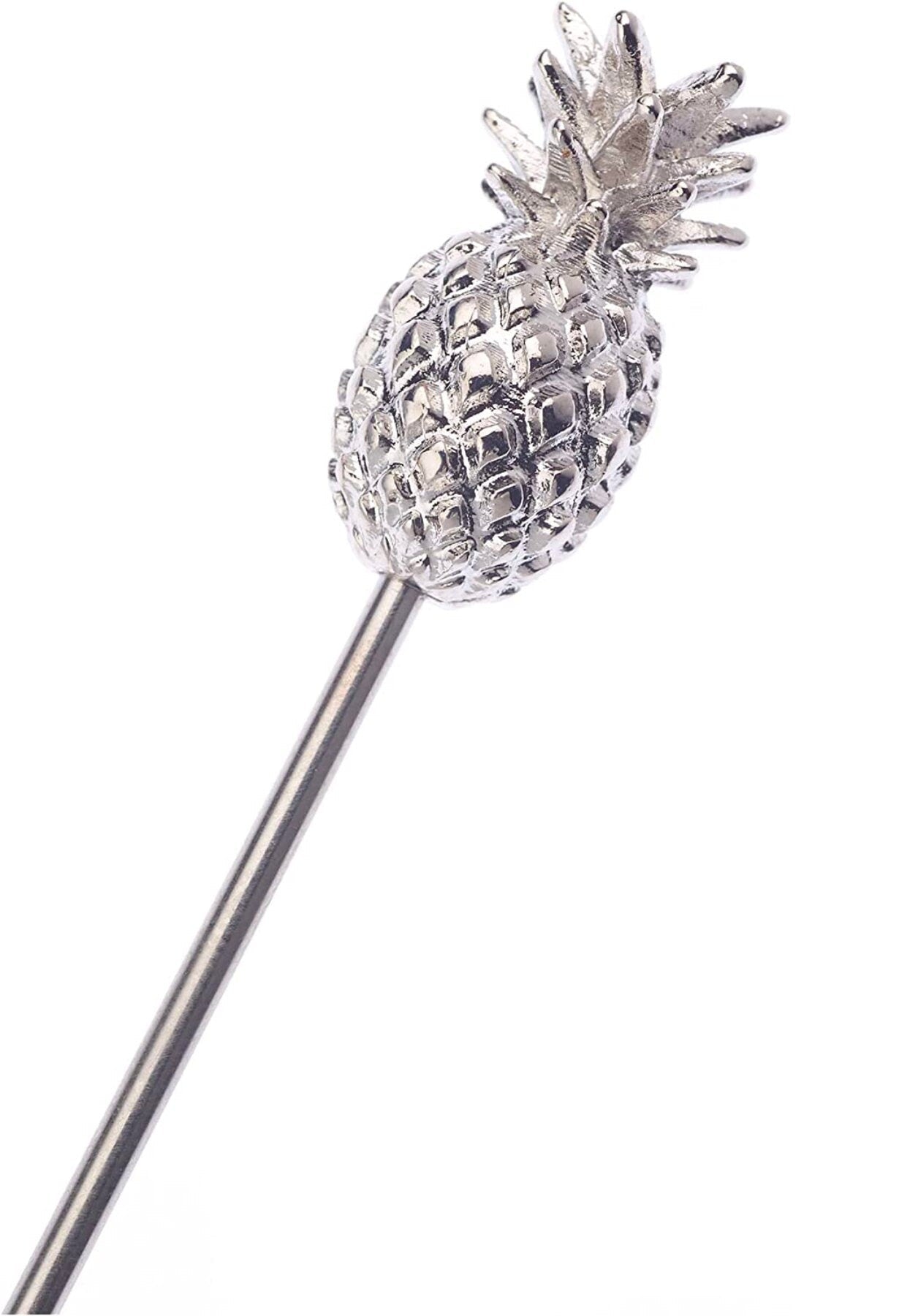 Close-up of textured silver pineapple head on stainless shaft