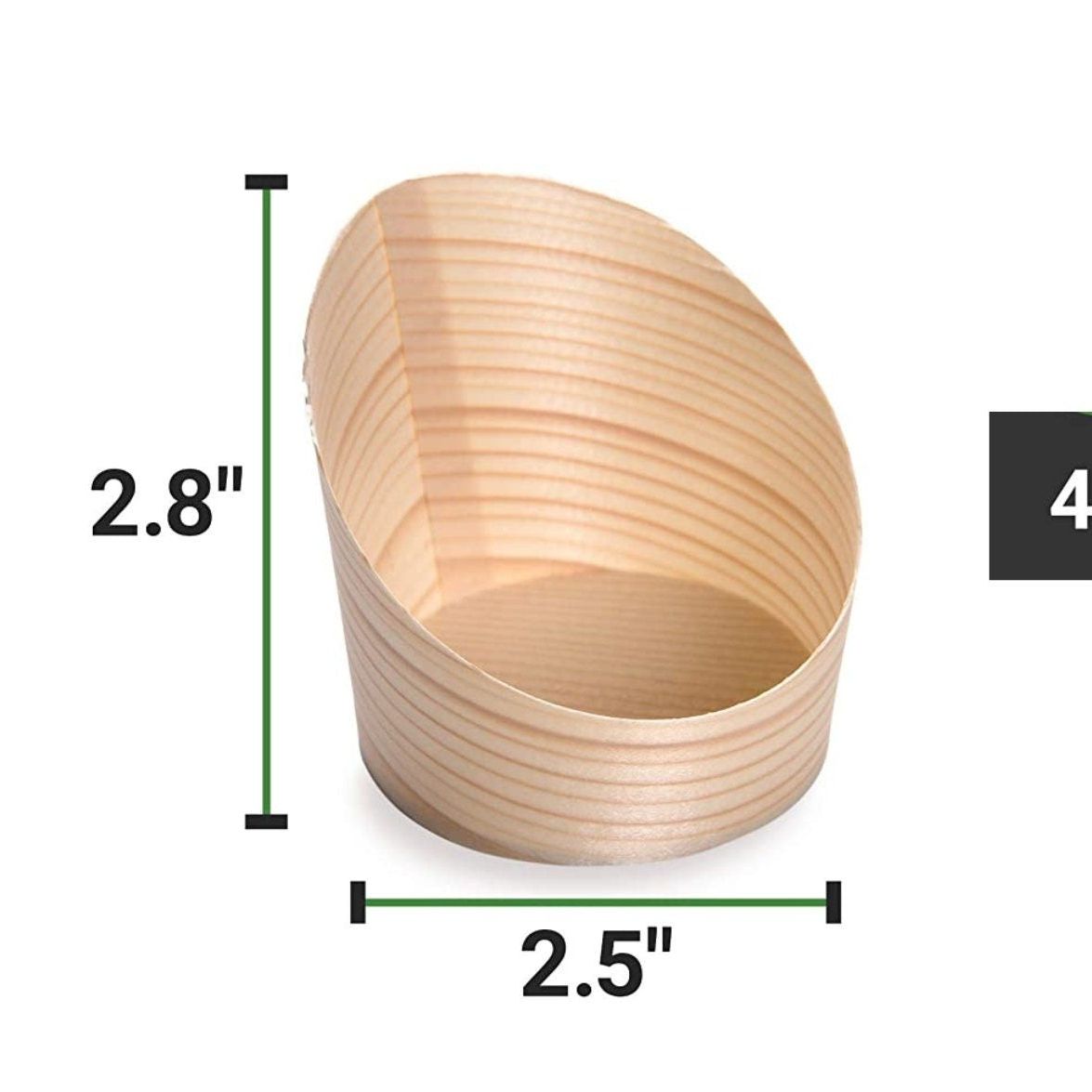 Dimensions of empty bamboo charcuterie cups showing sturdy construction and smooth finish