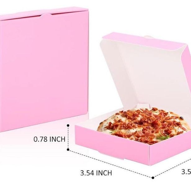 Open pink mini pizza box displaying dimensions 3.5"x3.54"x0.78", perfect for miniature pizza party favors and themed events.