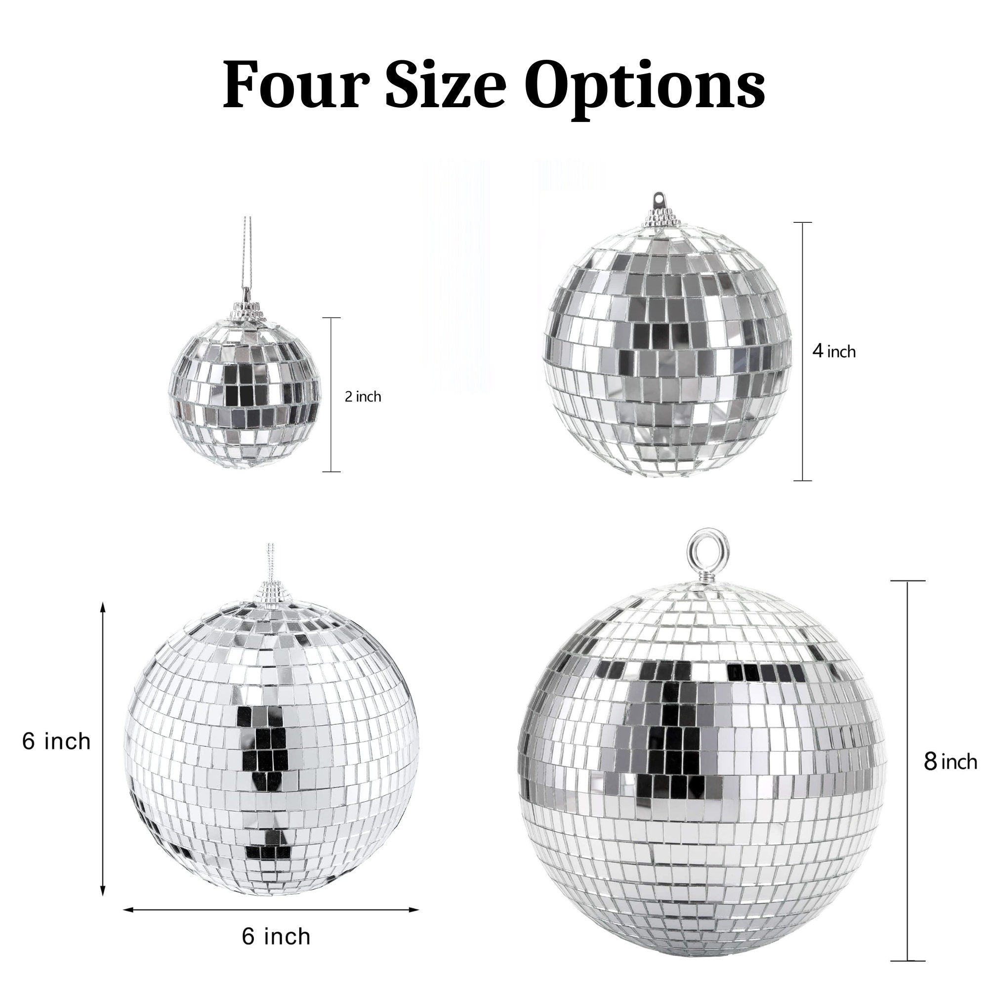 Silver disco balls available in four sizes for party décor