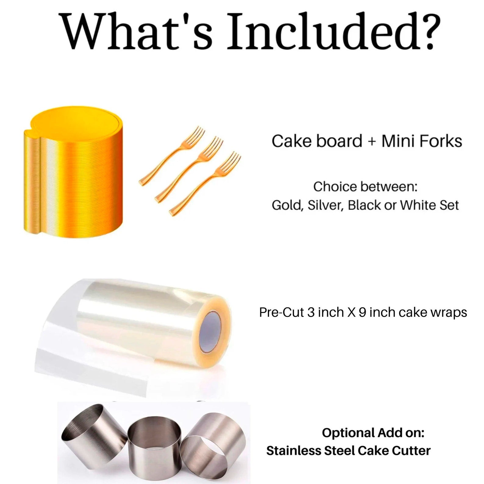 Multiple wrapped cakes on gold boards, arranged in a stylish display for weddings or dessert tables.