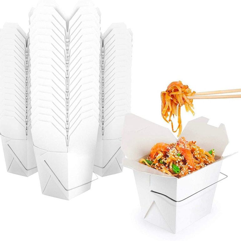 Secure fold-top Chinese take out container filled with appetizers.