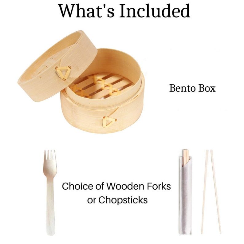 Disposable bento box filled with dumplings and vegetables, featuring elegant bamboo texture and matching wooden utensils.