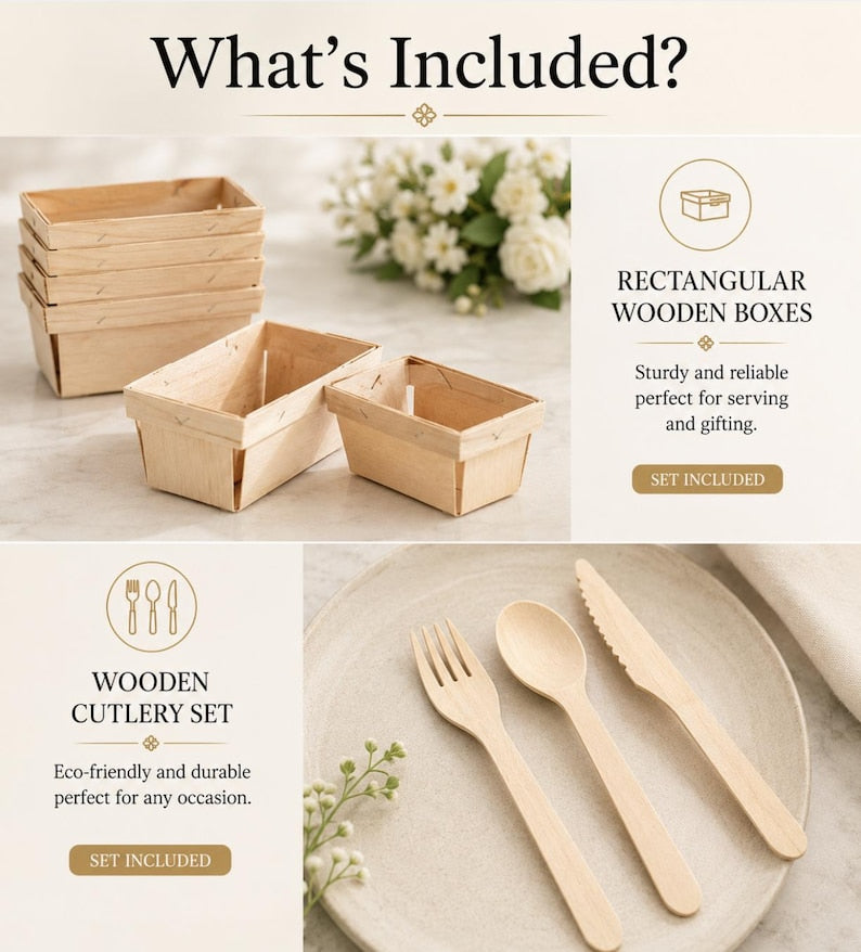 Disposable wooden charcuterie cups with various cheeses, meats, and crackers. Eco-friendly appetizer cones.
