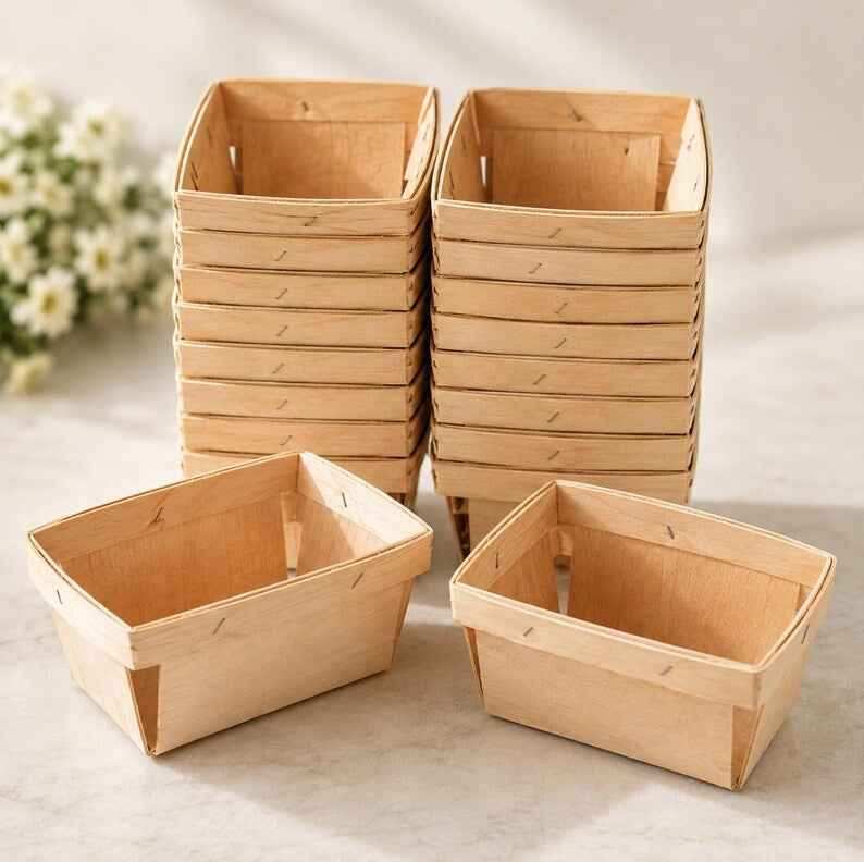 Disposable wooden charcuterie cups with various cheeses, meats, and crackers. Eco-friendly appetizer cones.