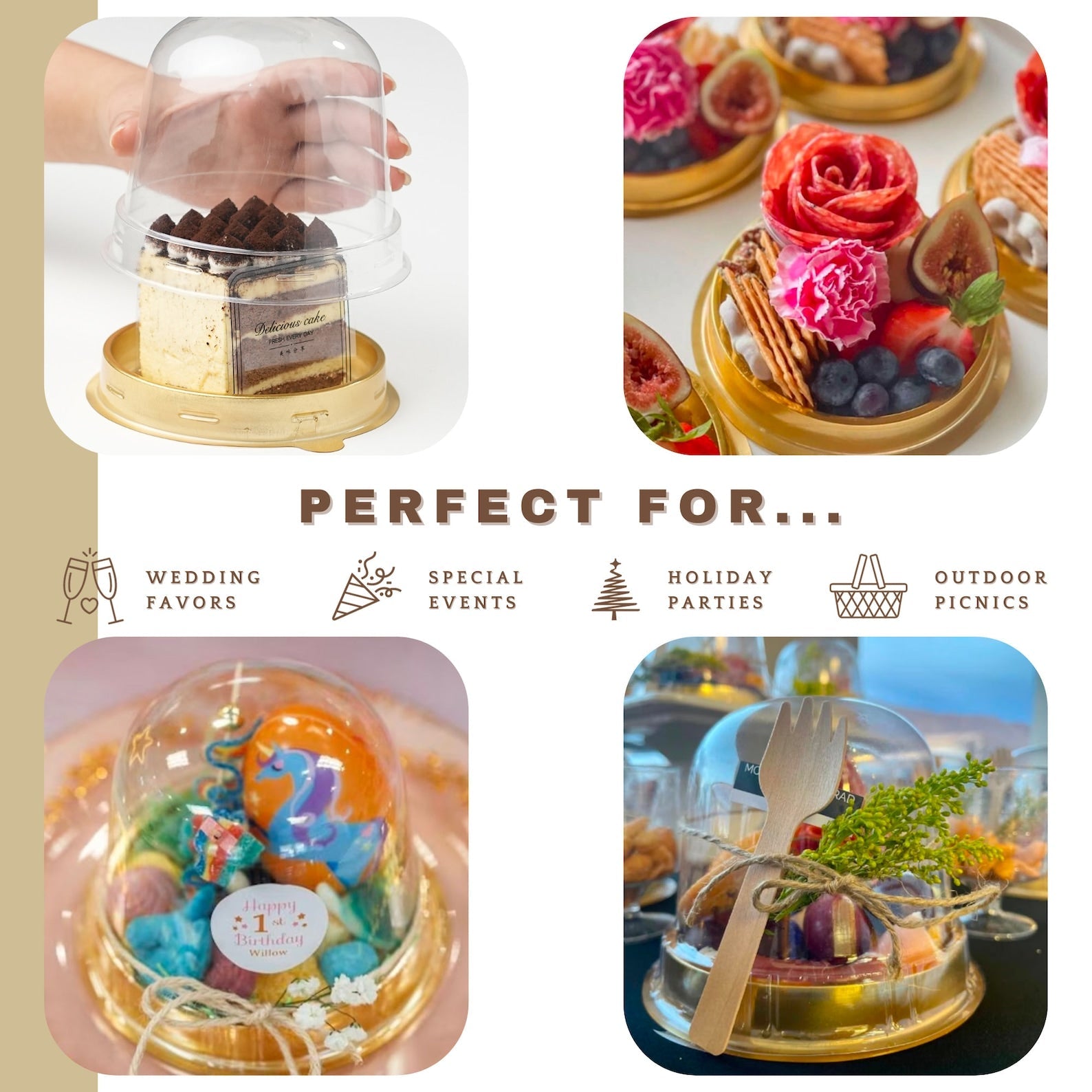 Disposable charcuterie domes holding colorful fruit and candy for catering events