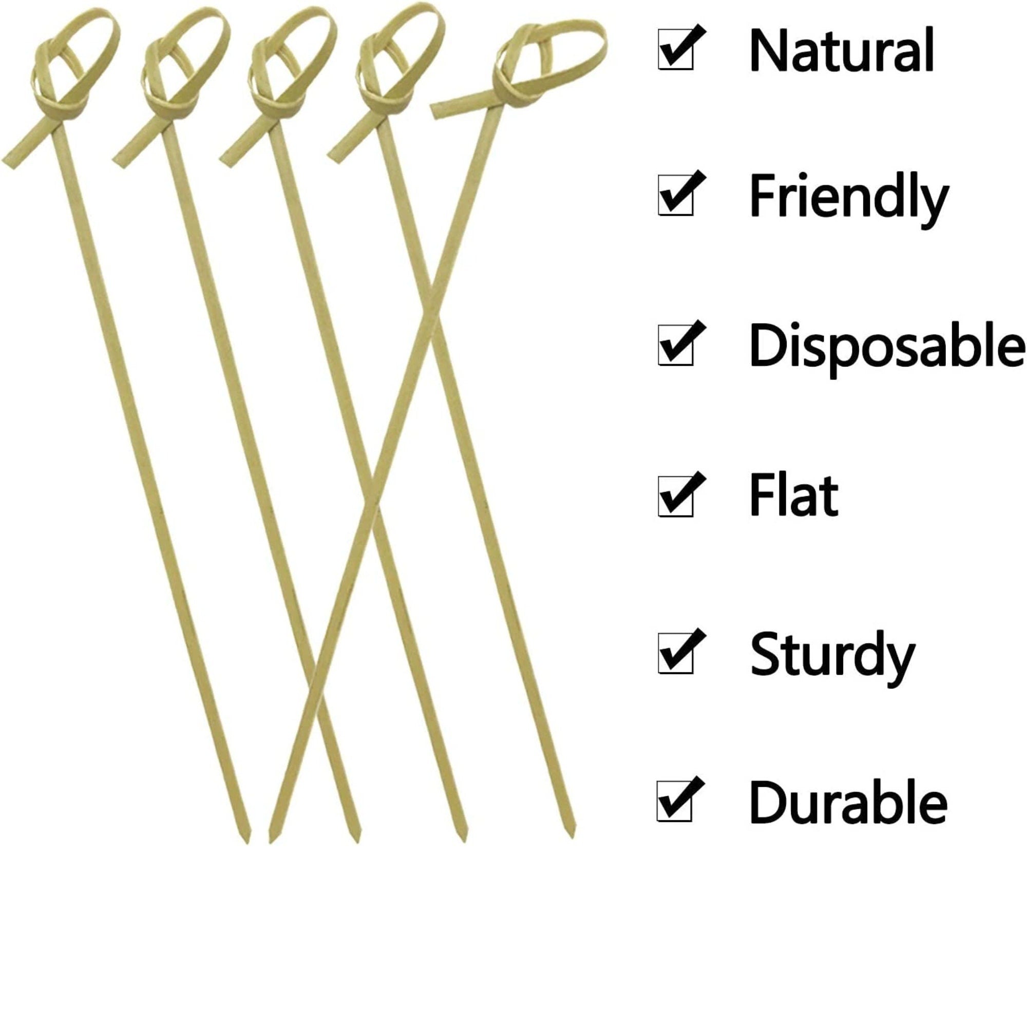 Pack of knotted bamboo charcuterie toothpicks with eco-friendly features listed