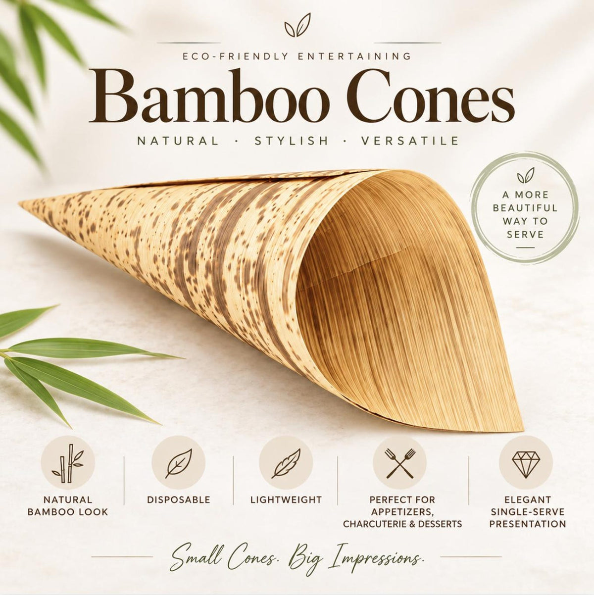Close-up of an empty natural bamboo food cone highlighting its lightweight, disposable design for serving appetizers, charcuterie and desserts