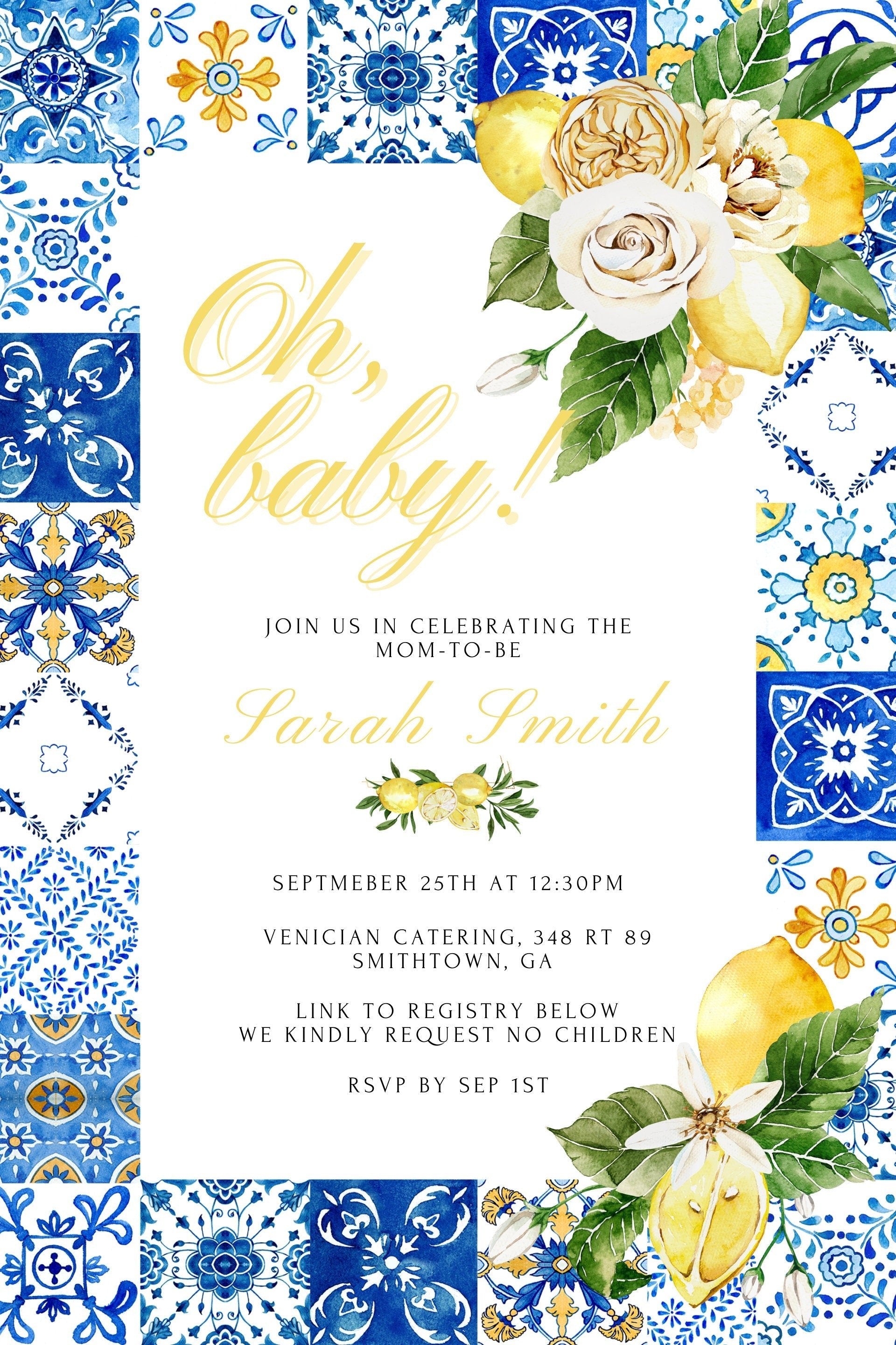 Italian Lemon Baby Shower Invitation – Blue & Yellow Tile Theme, Instant Download Editable Template - Pretty Party Boxx