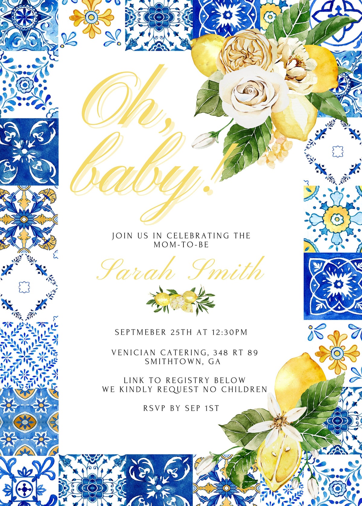 Italian Lemon Baby Shower Invitation – Blue & Yellow Tile Theme, Instant Download Editable Template - Pretty Party Boxx
